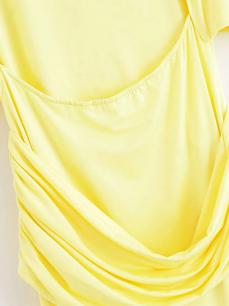Sexy Backless Party Long Dress Women O-neck Slim Pleated Ribbon Women's Dresses 2026 Spring Summer Lady Yellow Evening Gown