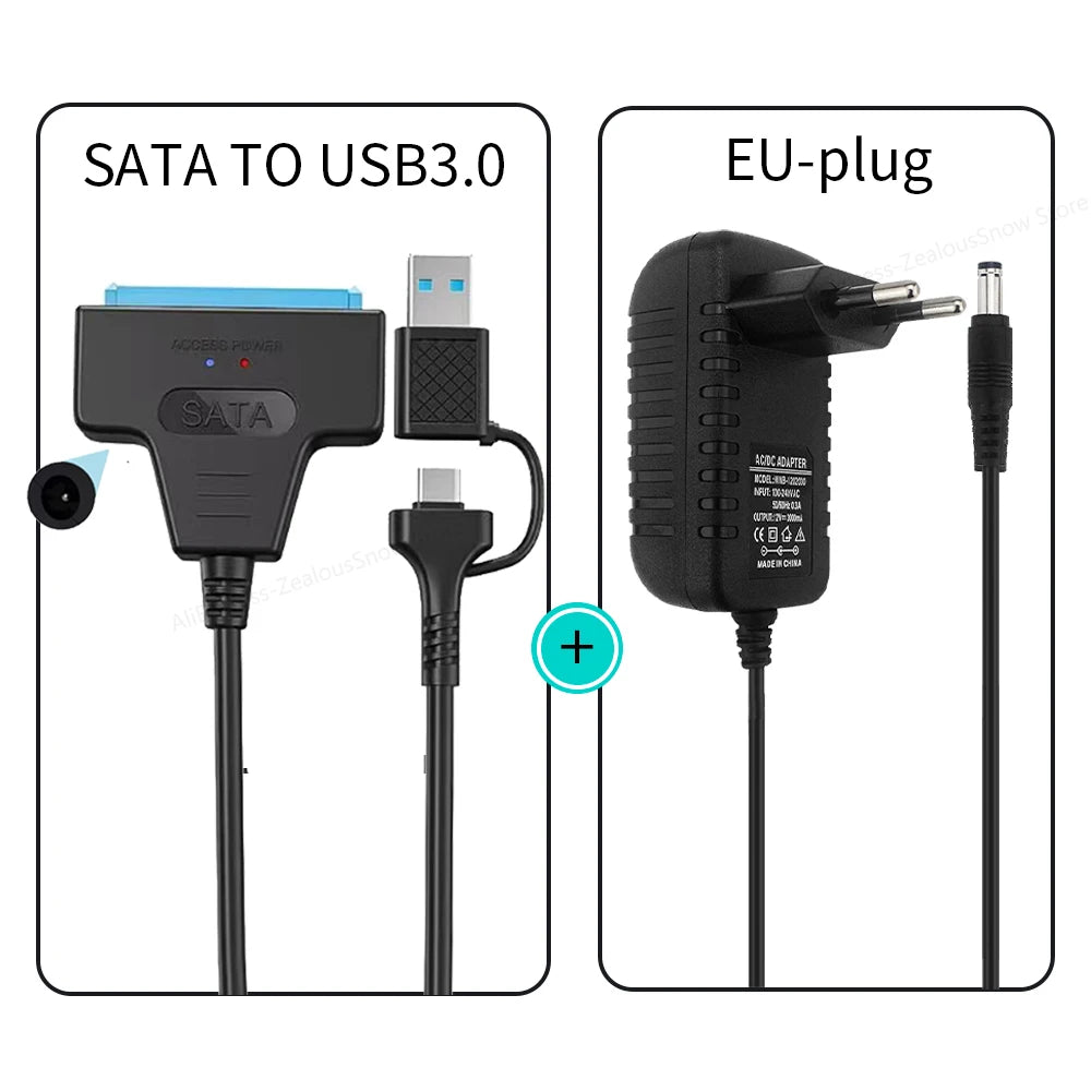 SATA To USB 3.0/Type-C Cable SATA III Hard Drive Adapter Up To 6 Gbps for 2.5 3.5 Inch HDD SSD Hard Drive Disk with 12V/2A Power