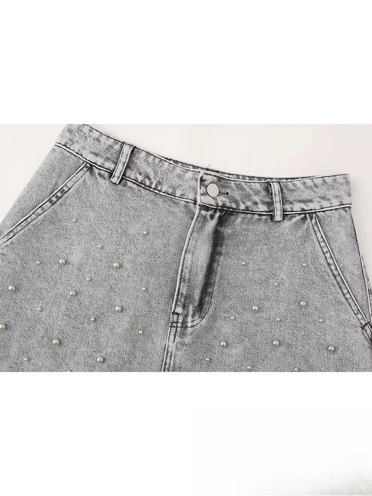 KONDALA Vintage Casual Chic Women Skirt Solid Slim Faux Pearls Denim Short Skirt New Fashion 2024 Summer Streetwear Mini Skirt