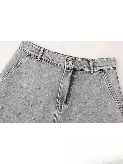 KONDALA Vintage Casual Chic Women Skirt Solid Slim Faux Pearls Denim Short Skirt New Fashion 2024 Summer Streetwear Mini Skirt