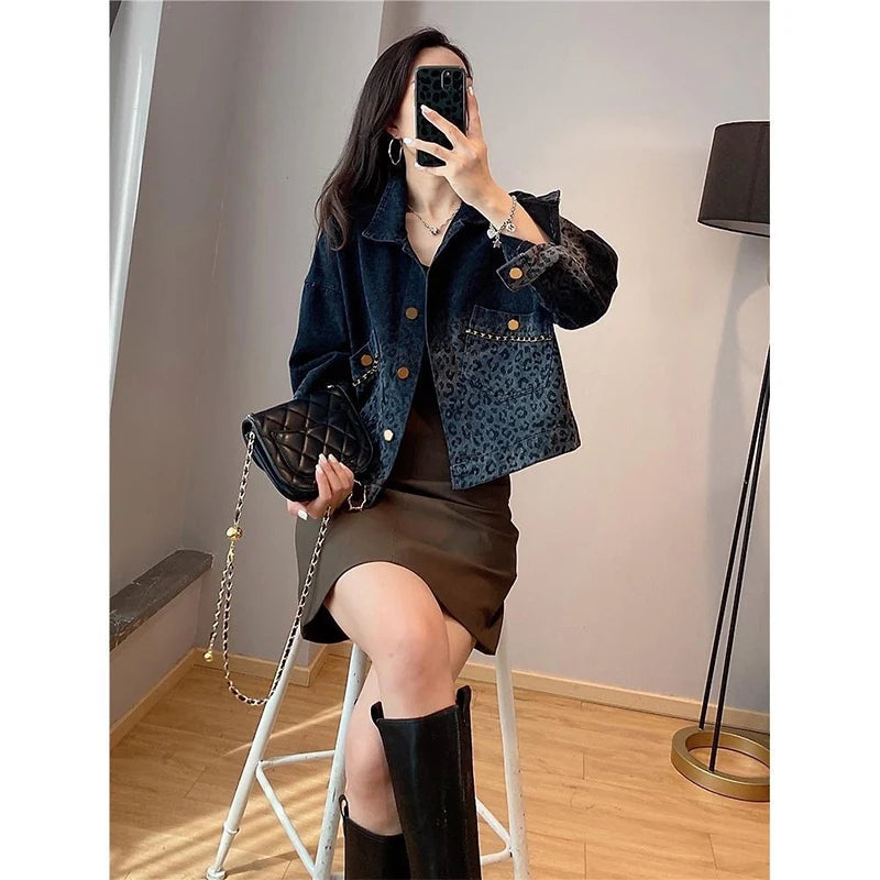 Autumn Winter Streetwear Vintage Leopard Print Denim Coat Ladies Harajuku Y2K Casual Fashion All-match Jacket Women Outwear Top