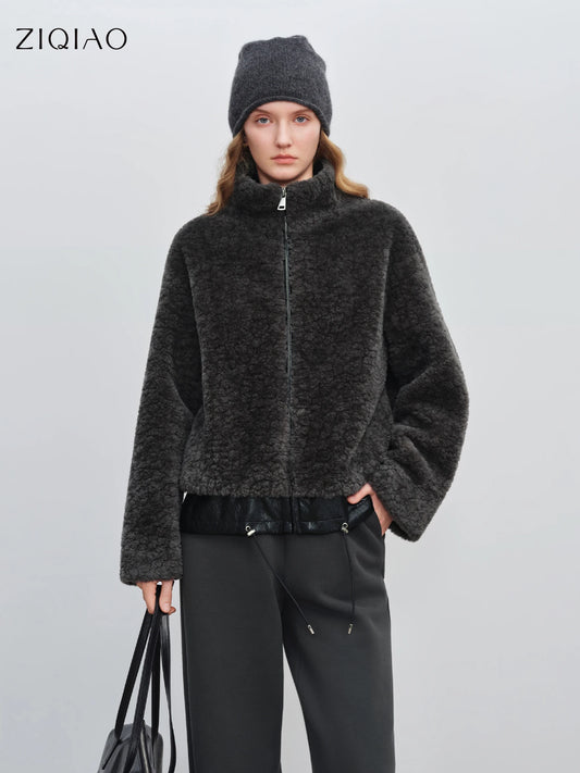 ZIQIAO 2025 Winter Women's Petite Stand Collar Faux Fur Shearling Short Jacket Plush Teddy Zip Up Cozy Fleece Cropped Coat