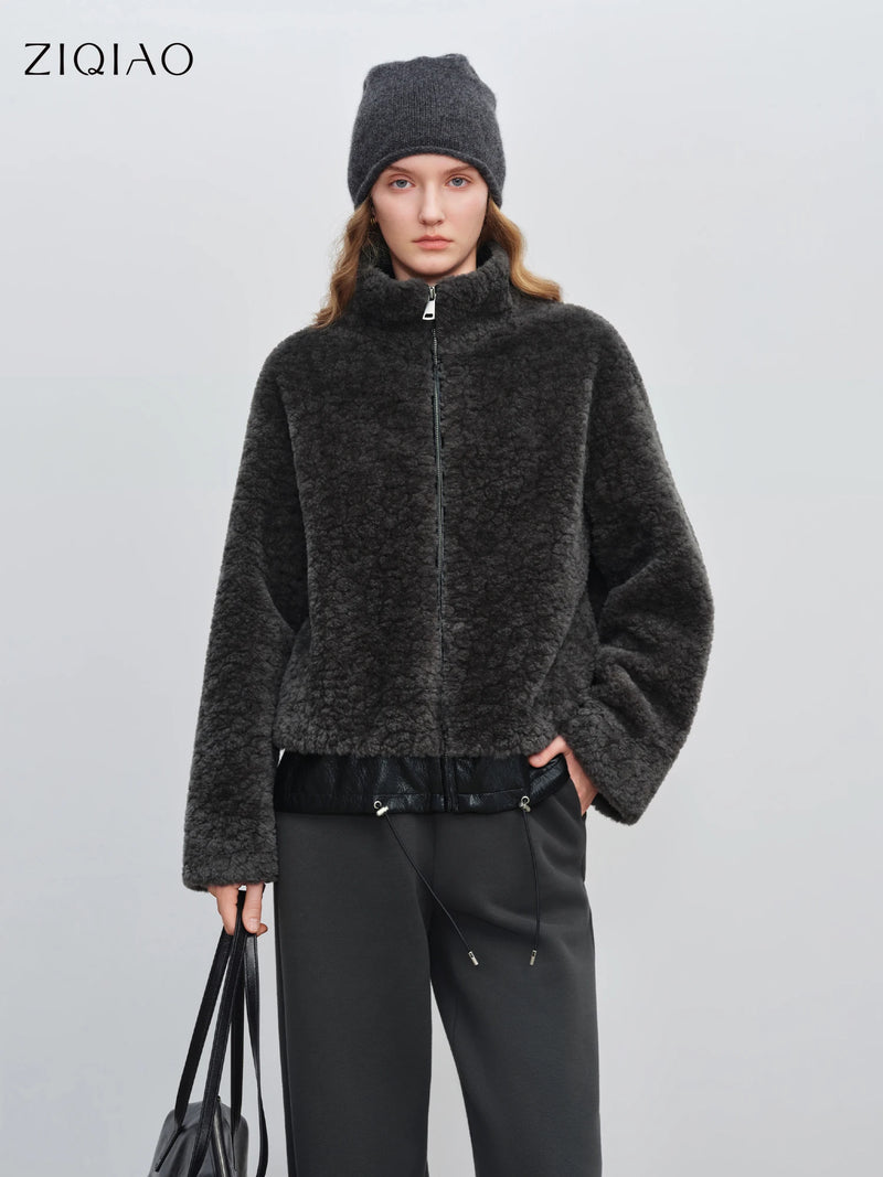 ZIQIAO 2025 Winter Women's Petite Stand Collar Faux Fur Shearling Short Jacket Plush Teddy Zip Up Cozy Fleece Cropped Coat