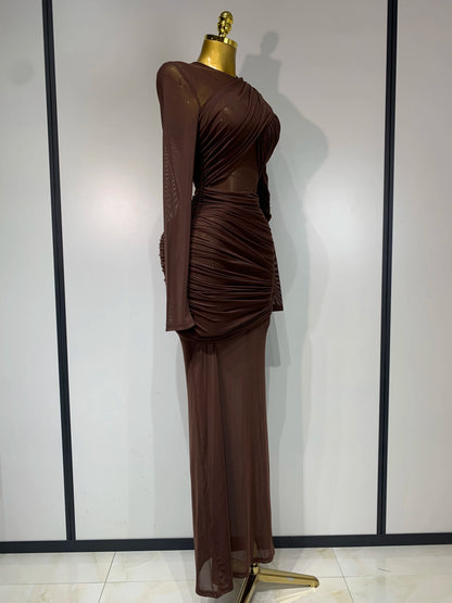 Elegant Brown Mesh Fold Long Sleeve Bodycon Dress Women 2025 Evening Party Club Sexy Perspective Fashion Luxury Birthday Dresses