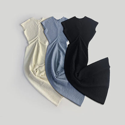 Women's Minimalist Mid-Calf Dress Round Neck Summer Ladies Zipper Draping Pleated Elegant Robe