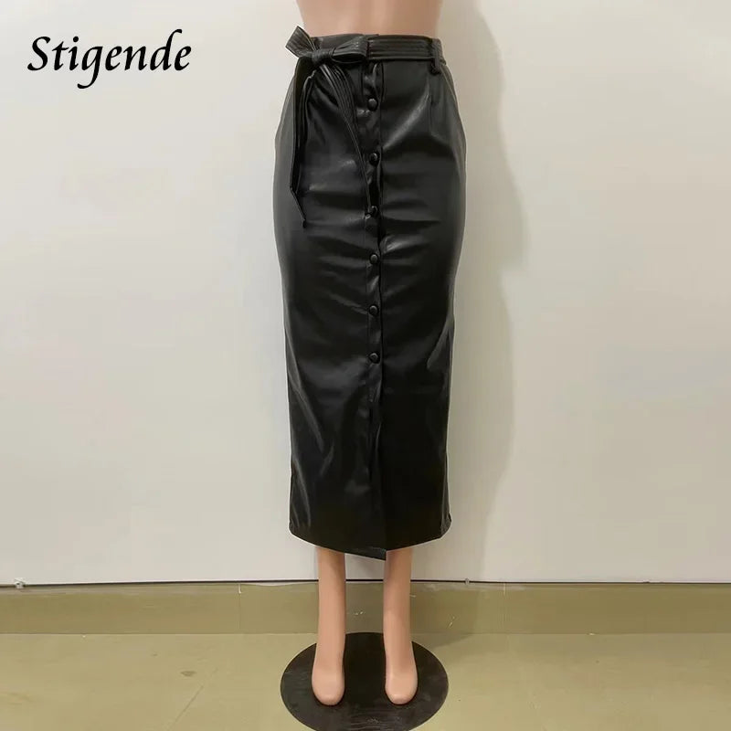 Stigende Single Breasted Pu Leather Long Skirt Women Bandage Button Bodycon Black Faux Leather Maxi Skirt