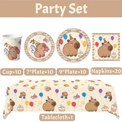 Cute Capybara Birthday Decorations Balloons Backdrop Tablecloth Stickers Cups Plates for Baby Shower Kids Event Party Supplies
