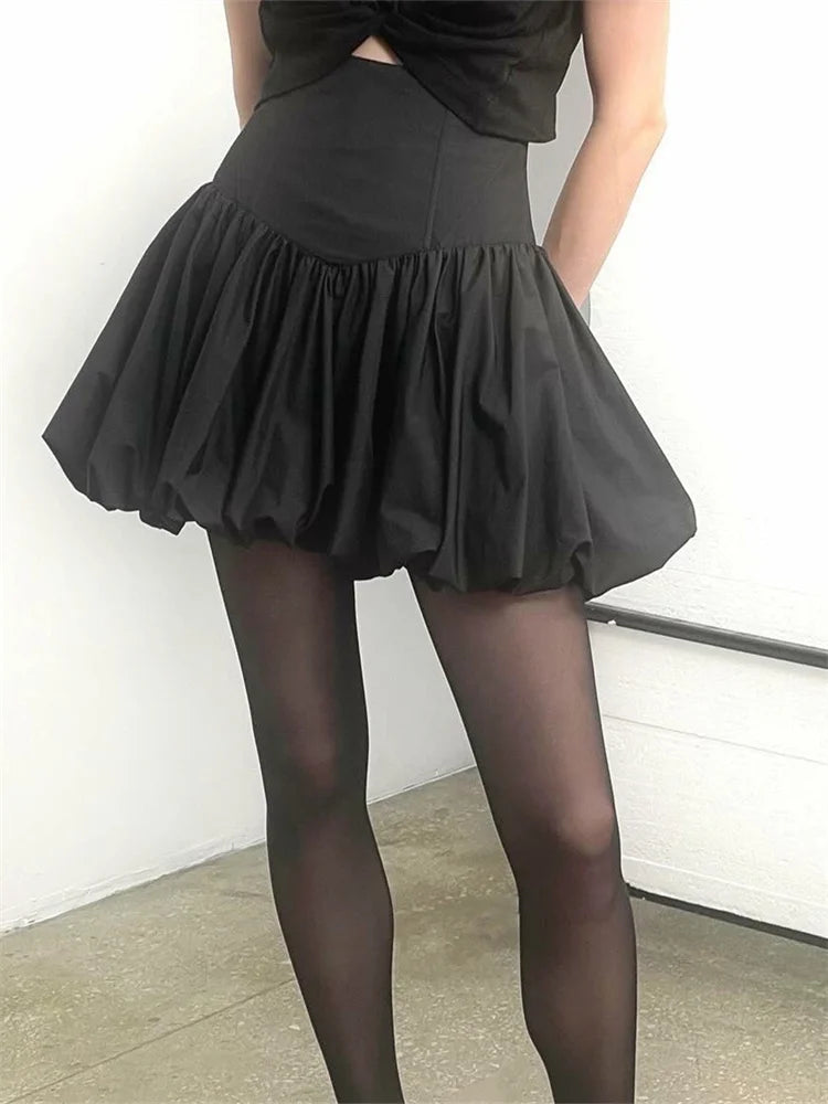 Women Summer Bubble Skirt Solid Color High Waist Pleated Mini Skirt for Beach Club Casual Streetwear Y2K Aesthetic Clothes