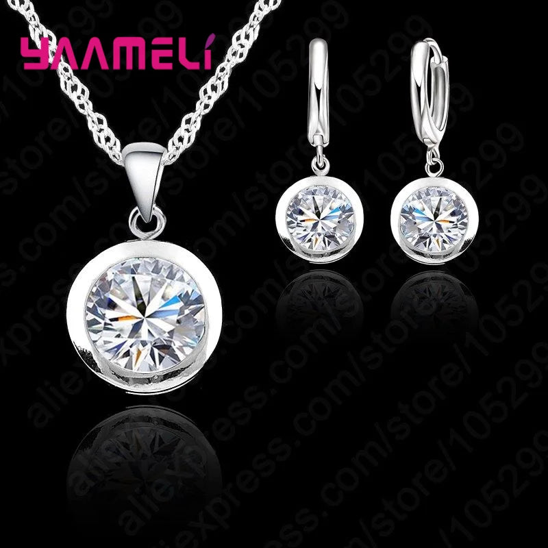 New Wedding Fine Women Jewelry Sets Real Pure 925 Sterling Silver Color Round Cubic Zircon CZ Pendant Necklaces Hoop Earrings