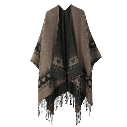 Poncho New Split Warm Shawl Vintage Ethnic Style Scarf Imitation Cashmere Tassel Women Cape Lady Cloak Warm Coat Khaki