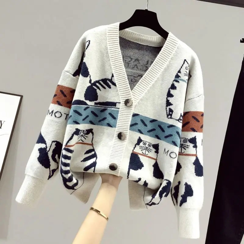 2023 Spring and Autumn New Cartoon Contrast Color Fashion Sweater Women's V-neck Knitted Cardigan Coat Trend