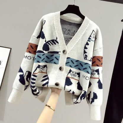 2023 Spring and Autumn New Cartoon Contrast Color Fashion Sweater Women's V-neck Knitted Cardigan Coat Trend