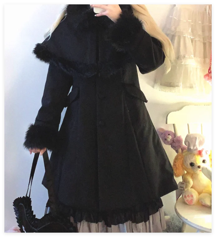 Lolita Original Japanese Coat Women Black Overcoat Autumn and Winter New Sweet Elegant Fur Collar Mine Tie Imitation Tweed Coat