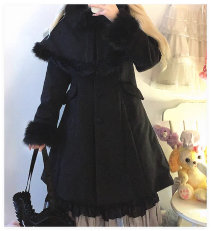 Lolita Original Japanese Coat Women Black Overcoat Autumn and Winter New Sweet Elegant Fur Collar Mine Tie Imitation Tweed Coat