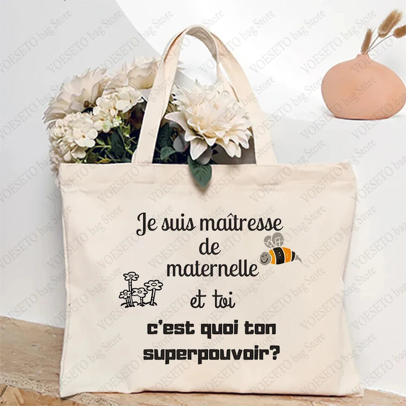 Teacher Theme Tote Bag Inspired School Shoulder Bag with French Style Design, Educational Motif Handbag Cadeau Maitresse D'école