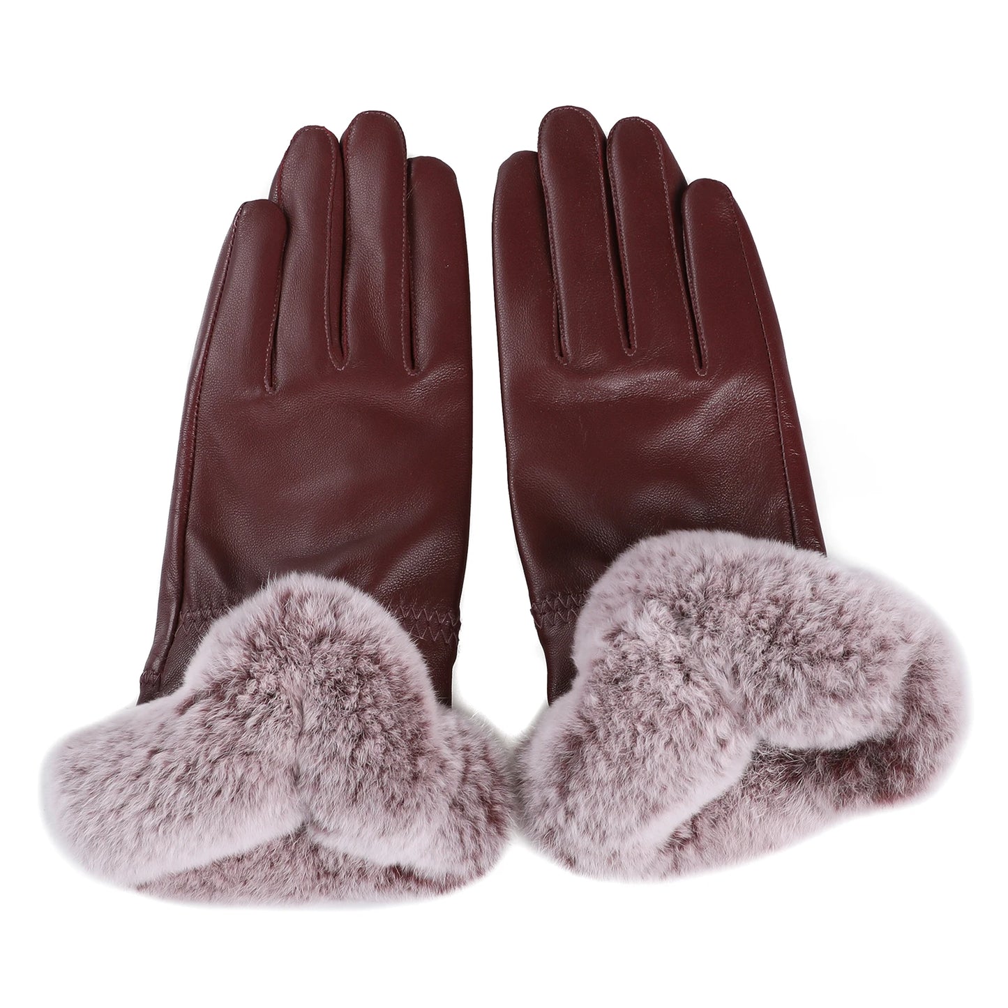 BOONJOVIA Elegant Women's Winter Warm Genuine Leather Gloves With Rex Rabbit Fur Trim Cuffs Velvet Lined
