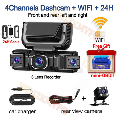 Dash Cam 4 Lens WiFi 24H Parking Monitor HD 1080P 360° Car Camera Video Recorder Anti-theft Black Box Rear View Camera Free OBD2