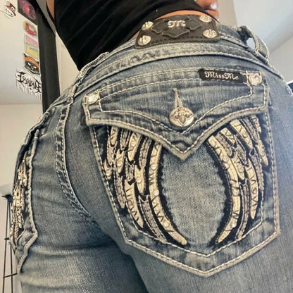 Y2k Retro Gothic High Waited Jeans Hot Diamond Embroidery Pattern Blue Jeans Woman Hip Micro Horn Baggy Jeans Street Clothing