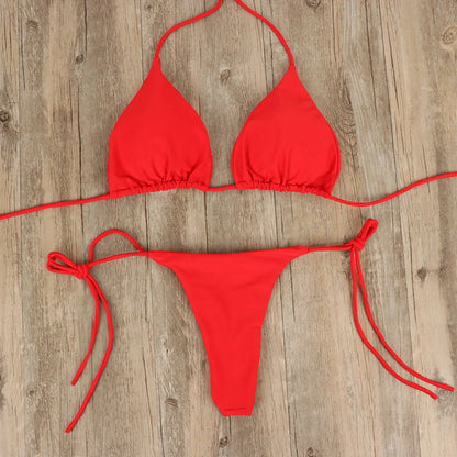 Tie Sexy Thong Bikini Set Side Swimsuit Bandage Style Swimwear Split Strap Adjustable Solid Color Female Summer Beach Bikini Set