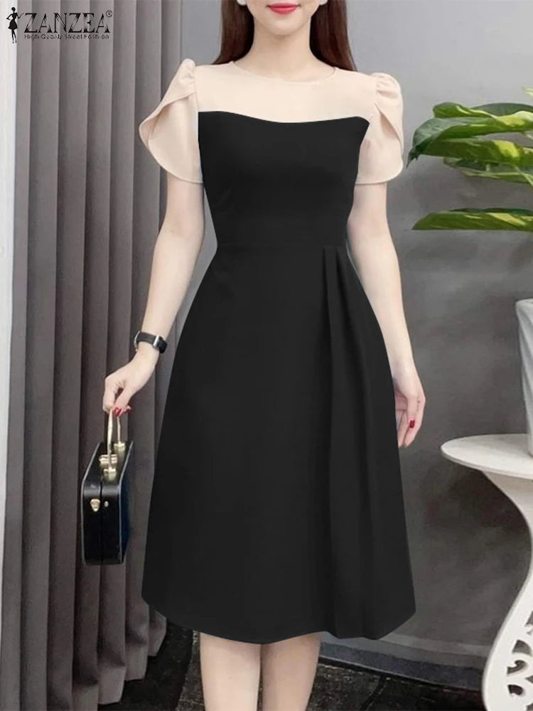 ZANZEA Elegant Women Waist Dress 2024 Summer Patchwork Round Neck Vestidos Fashion Petal Short Sleeves Dress Vintage Office Robe