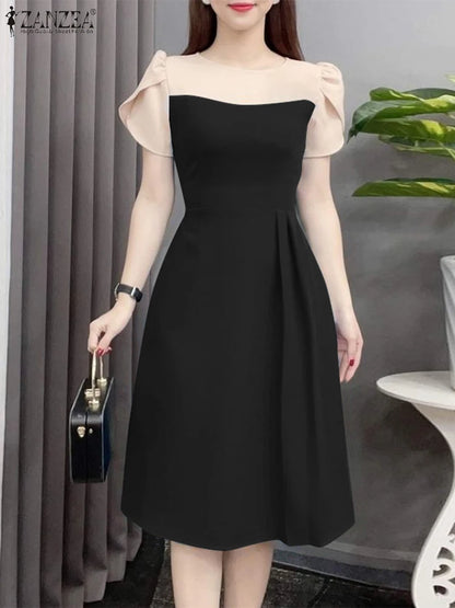 ZANZEA Elegant Women Waist Dress 2024 Summer Patchwork Round Neck Vestidos Fashion Petal Short Sleeves Dress Vintage Office Robe