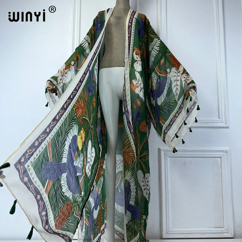 WINYI summer outfit kimono africa boho print beach cover up muslim dress cardigans beach wear women abaya dubai luxury kaftan
