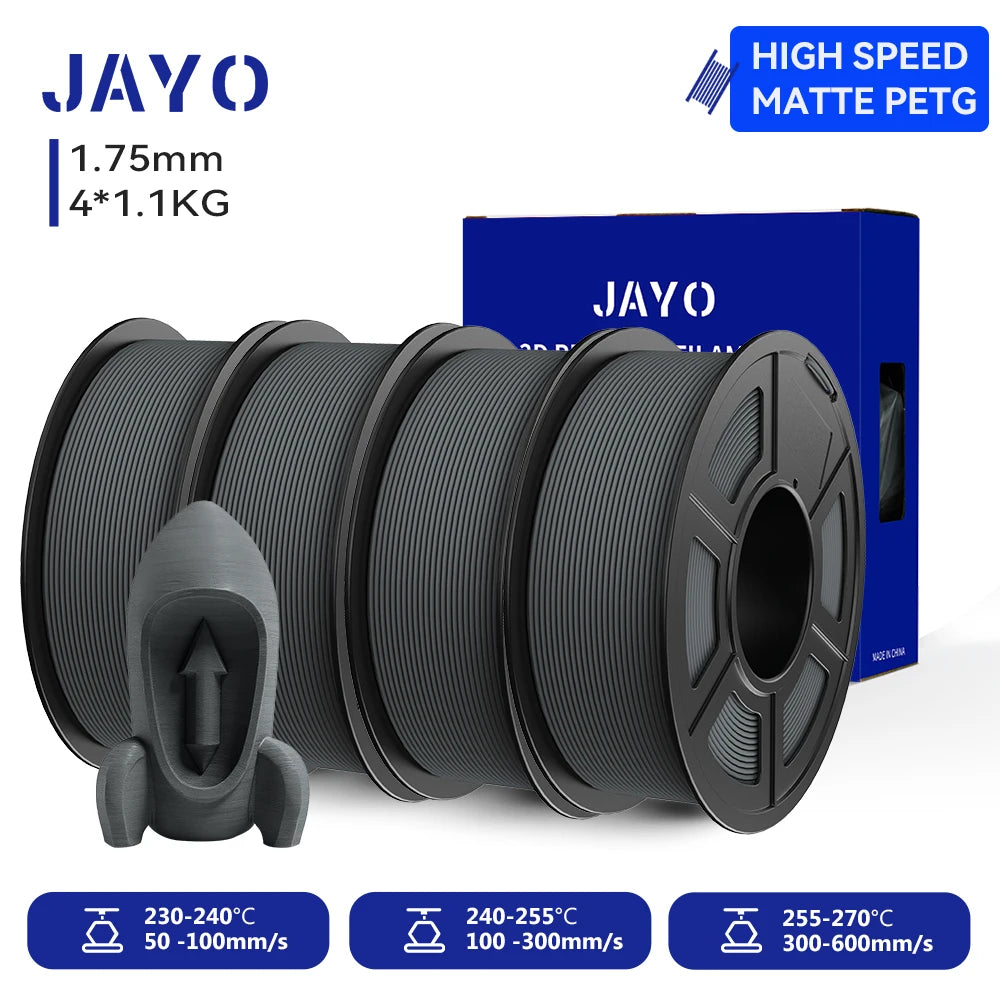 JAYO 4Rolls 3D High Speed Matte PETG 3D Filament 1.75mm 30mm/s - 600mm/s Print Range High Flow Speedy PETG 3D Printer Filament