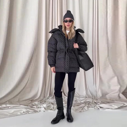 Winter Warm Hooded Cotton Jacket Women Fashion Standneck Zipper Long Sleeves Oversize Coats 2025 Female Chic Casual Outerwear