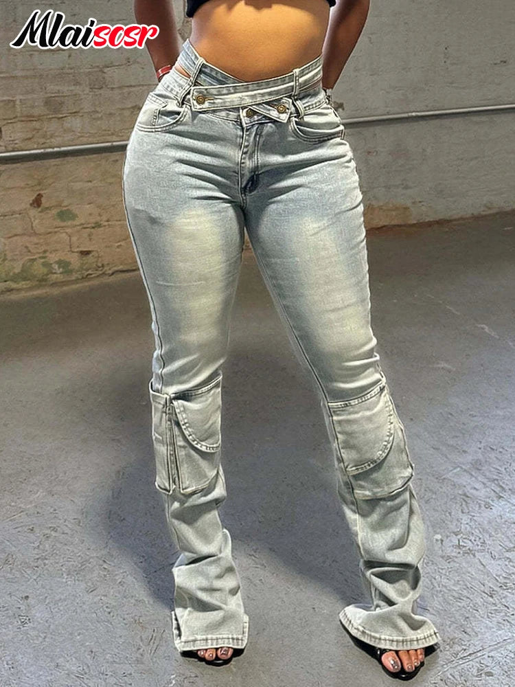 Mlaiscsr Vintage Stretch Denim Pants Women Buttons Pocket Patchwork High Waist Cargo Jeans Autumn Winter Bottoms Y2K Streetwear