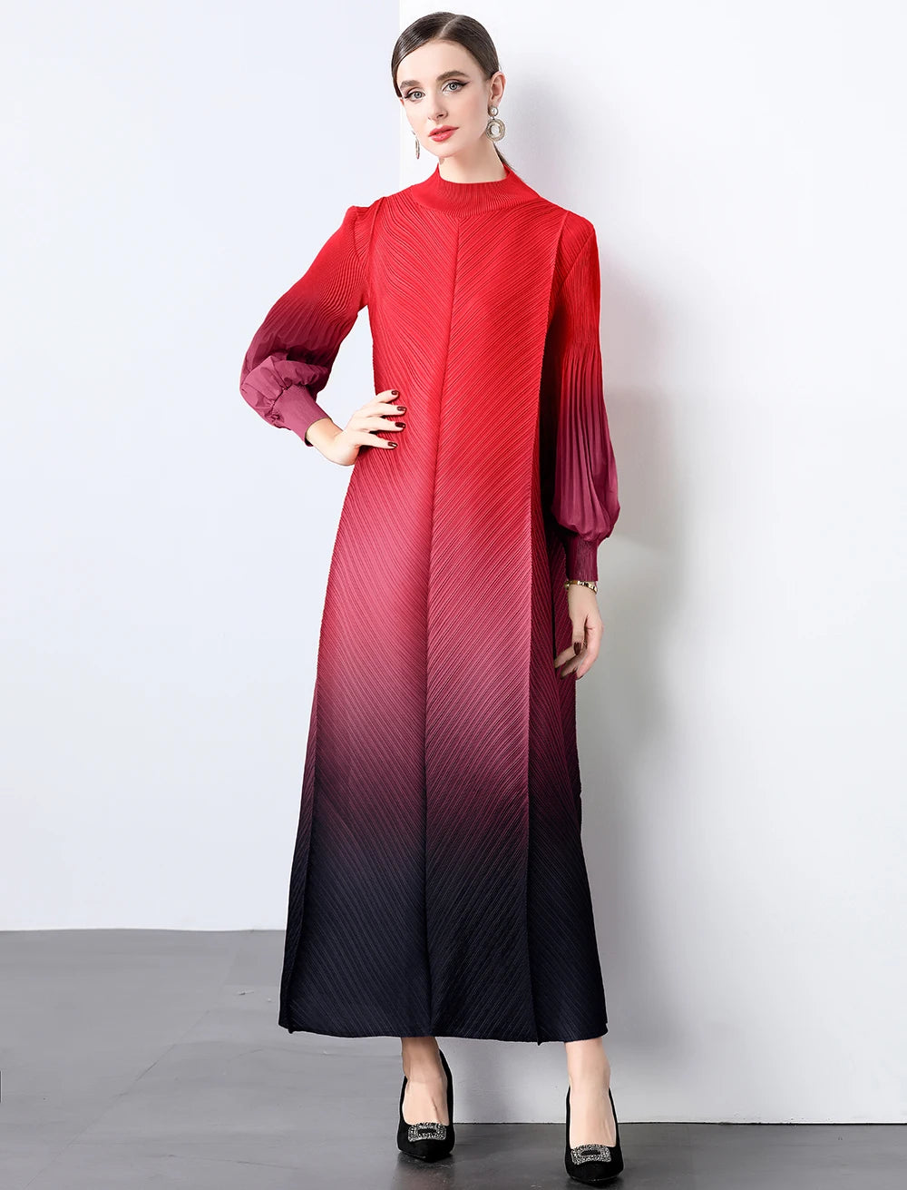 Miyake Wrinkles Pleated Printed Chiffon Maxi Dresses Middle Eastern Clothing Women Loose Women High Neck Long Sleeves Stitching