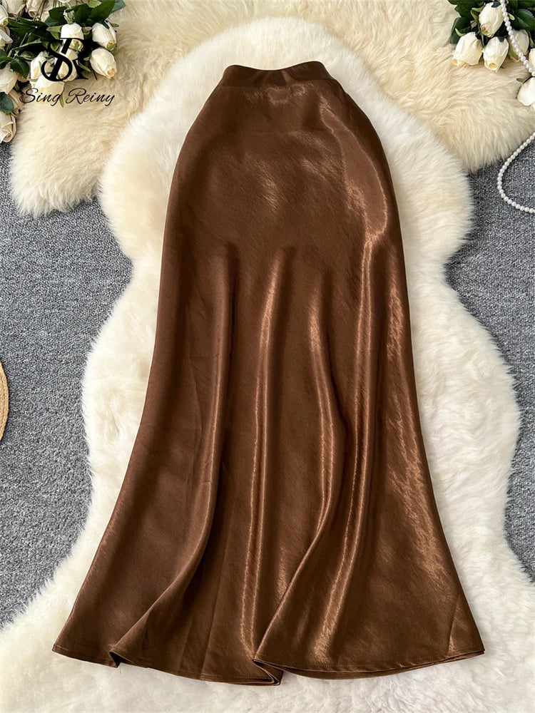 SINGREINY Senior Solid Satin Skirt Elastic Waist 2025 Newest Frence Elegant Women Fashion Basics Office Lady Skinny Midi Skirt