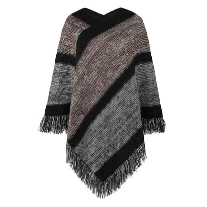 Autumn Winter Batwing Sleeve Rainbow Striped Poncho Women Fashion Sweater Cloak 2025 New Pullover Shawl Female Tassel Cape