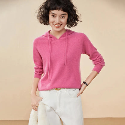 ADDONEE Women Cashmere Hooded Pullover Sweater 100% Cashmere Knitwear Spring Autumn Casual Simple Style Hoodie Clothing Tops