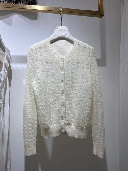 Women Hollow Out Long Sleeve Single Breasted Knitted Cardigan or Round Neck Short Sleeve Pullover