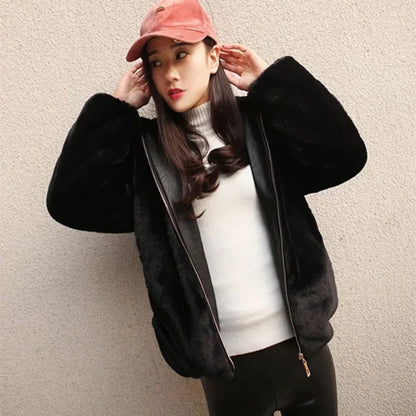 Lucyever High Quality Faux Rabbit Fur Hooded Coat Women Black Luxury Faux Fur Jacket Female Winter Zip Thick Warm Furry Coats