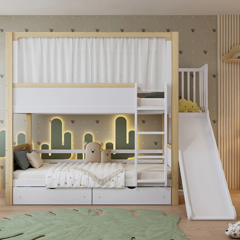 KOMHTOM Children's bunk bed with 2 drawers (with wheels), children's slide, 90x200cm