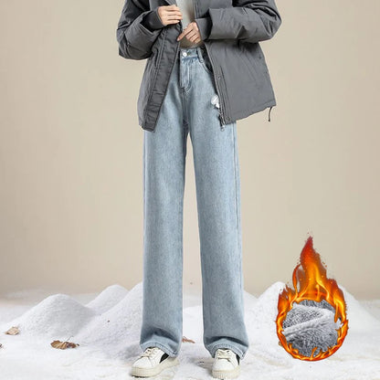Winter Lady Solid Plush Thermal High Waist Jeans Girls Snow Warm Fleece Denim Pants Women Baggy Straight Leg Casual Trousers