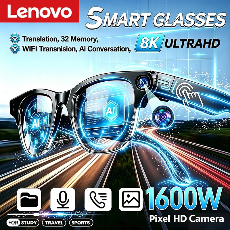 Lenovo New AI Smart Glasses 1600W Pixel Camera Video Recording AI Photo Recognition Bluetooth Call Voice Translation Sunglasses