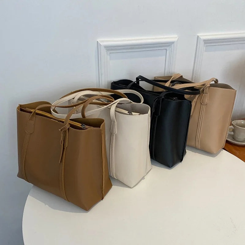 New Trend Retro Solid Color PU Leather Underarm Bag Simple Women Large Capacity Bag Shopping Travel Elegant Unisex Tote Bags