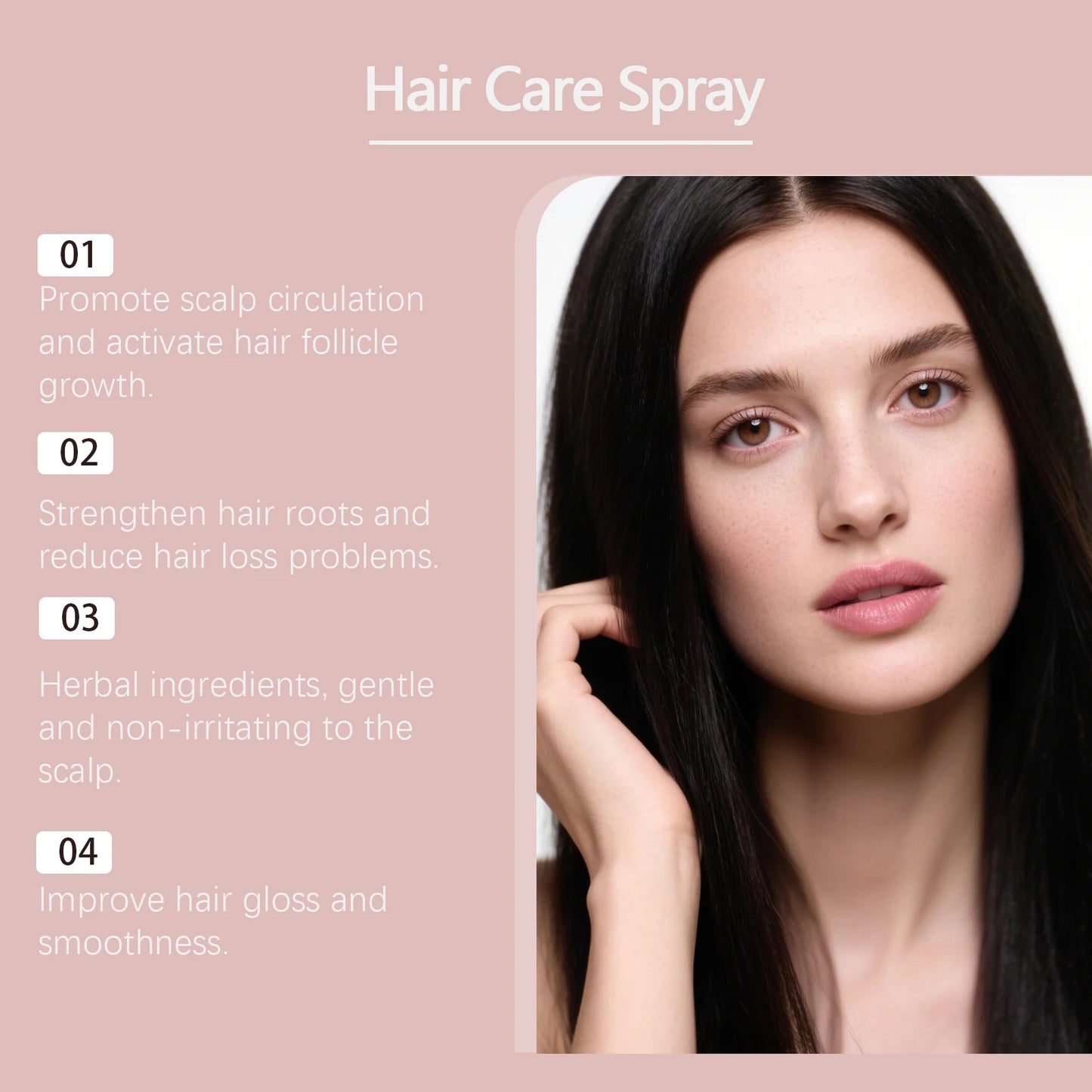 Hair care spray, gently nourishes the scalp, strengthens hair, adds shine, smoothness, and freshness, protects hair.