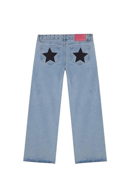 Y2K Vintage Jeans Women High Waisted Denim Pants Five Pointed Star Print Harajuku Street Baggy Casual Straight Leg Trousers