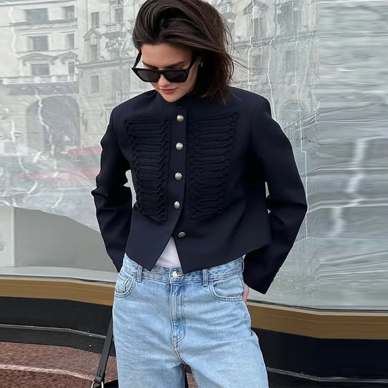 Fashion Chic Napoleon Cropped Jacket Women O-neck Long Sleeve Black Short Coats 2026 Spring Elegant Lady Commute Outerwear
