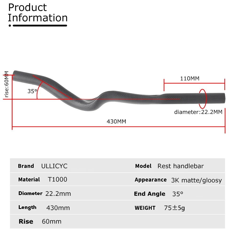 ULLICYC Road Bike Triathlon Time Trial,3K Full Carbon Matte/Glossy Bicycle Rest TT Handlebar 35° For Aero Extension Handlebar