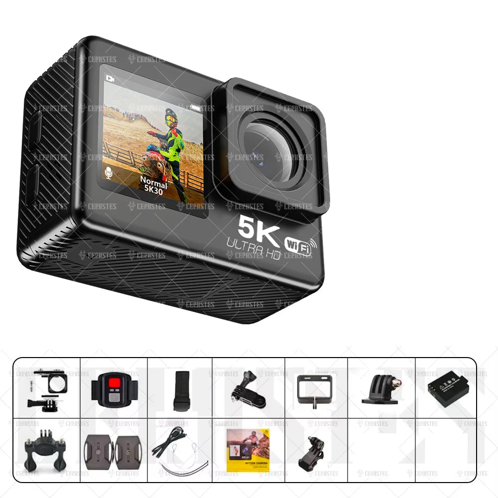 CERASTES Action Camera 5K 4K 60FPS WiFi Anti-shake Dual Screen 170° Wide Angle 30m Waterproof Sport Camera with Remote Control