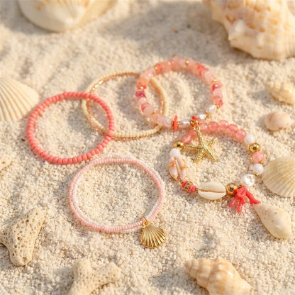 Cute Coral Starfish Shell Multi-Layer Bracelet for Women Ocean Series Fashion Stackable Beaded Jewelry Accessories