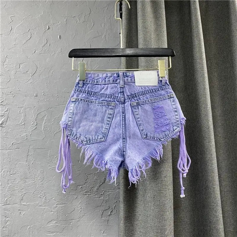 Women's Autumn New Purple Fashionable Sexy Low Rise Single breasted A-line Denim Shorts with Strap Hot Pants