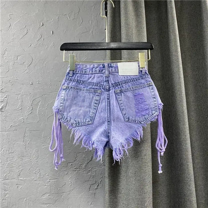 Women's Autumn New Purple Fashionable Sexy Low Rise Single breasted A-line Denim Shorts with Strap Hot Pants
