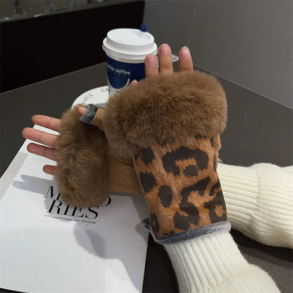 Winter Korean version half -finger leopard gloves suede iconic fur gloves, students with velvet fur, warm gloves wholesale