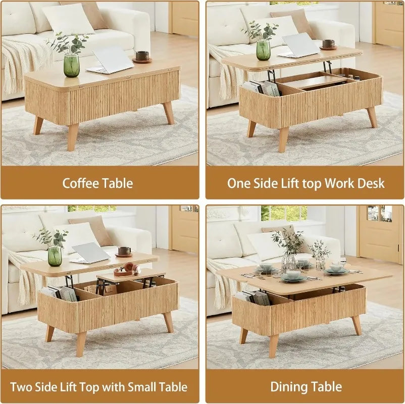 3 in 1 Lift Top Coffee Table, Fluted Convertible Coffee Tables Converts to Dining Tables, Modern Oval Wooden Center Table with