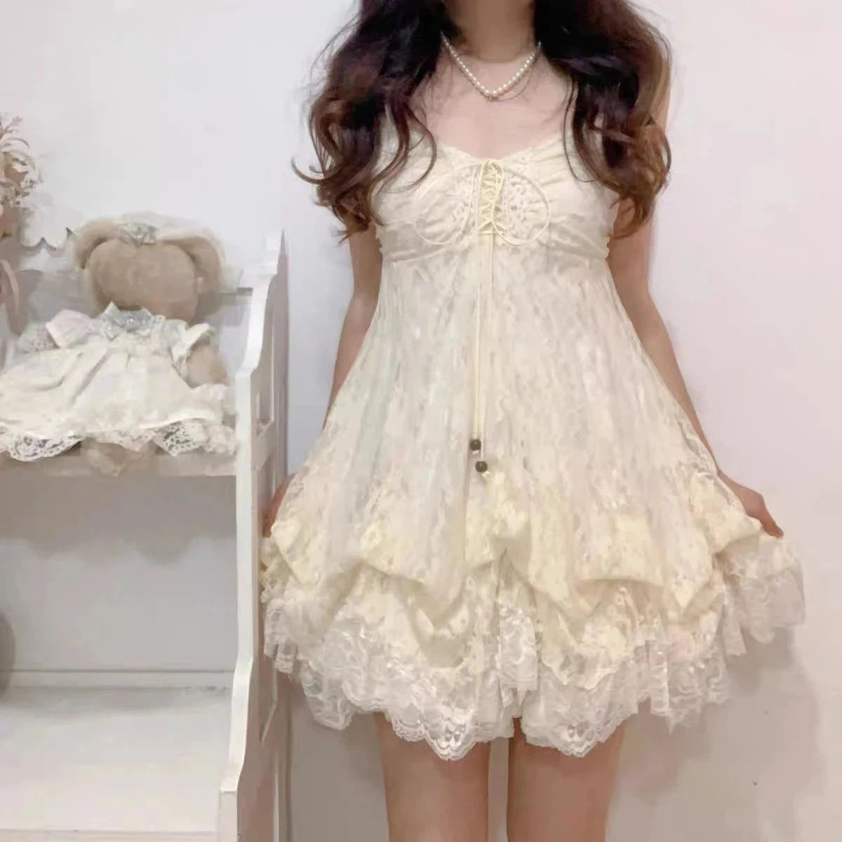 Summer Japanese Style Kawaii Lolita Dress Women Vintage Sweet Lace Bow Ruffles Cake Dresses Harajuku Y2k Slim Bandage Dress